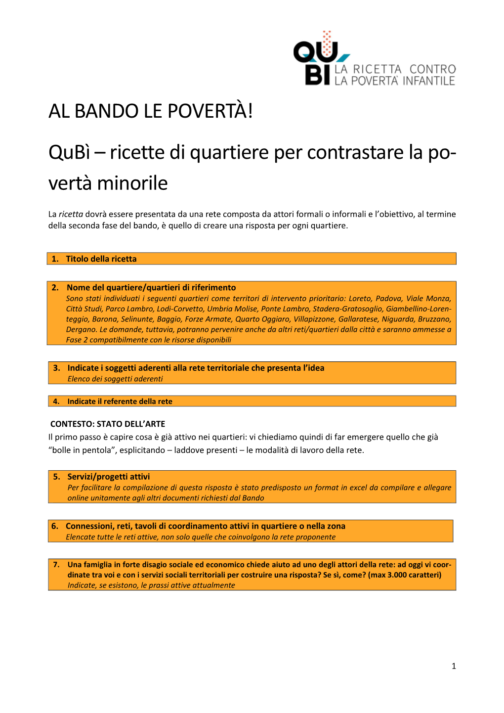 AL BANDO LE POVERTÀ! Qubì – Ricette Di Quartiere Per Contrastare La Po- Vertà Minorile