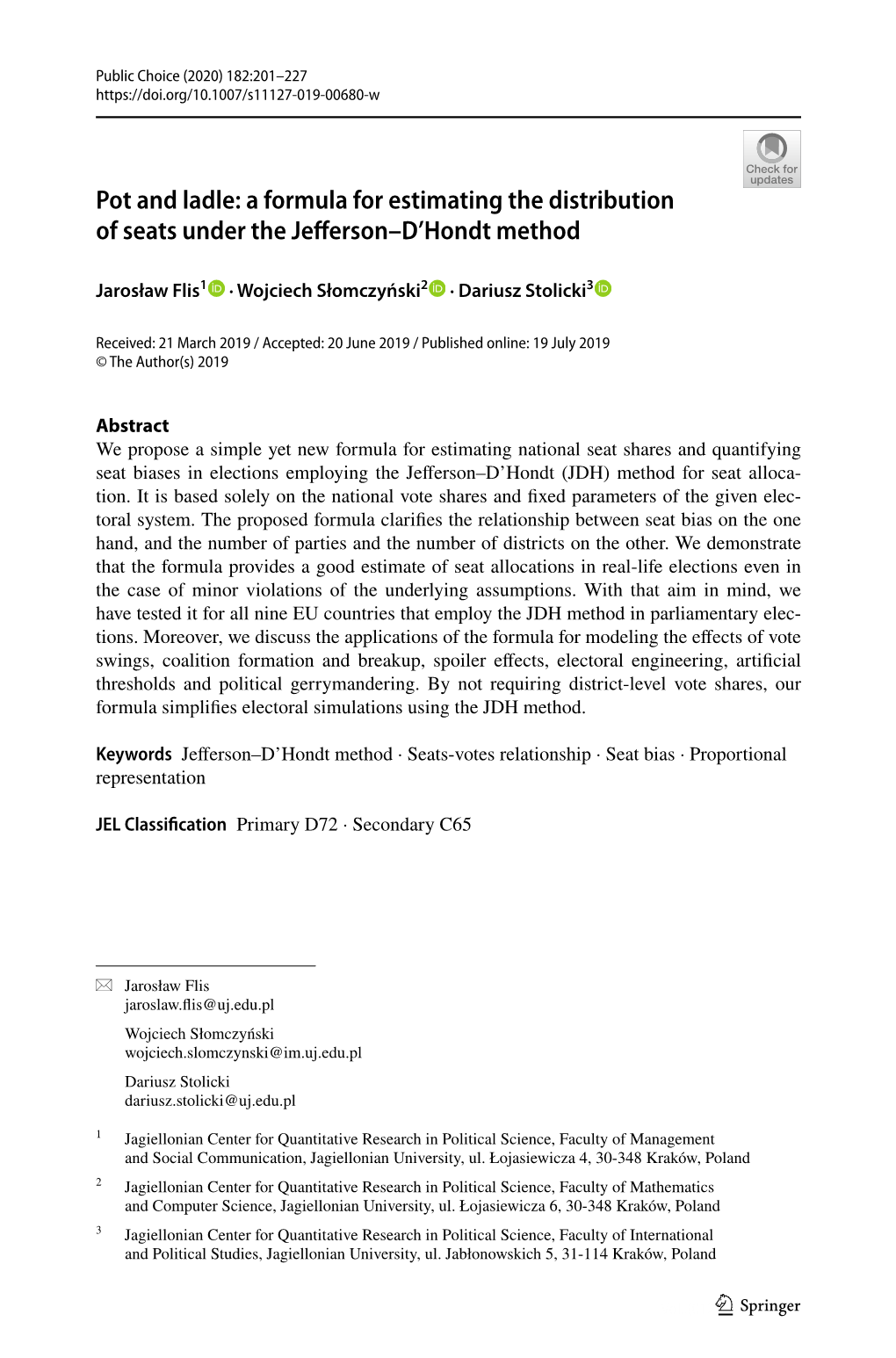 Pot and Ladle: a Formula for Estimating the Distribution of Seats Under the Jeferson–D’Hondt Method