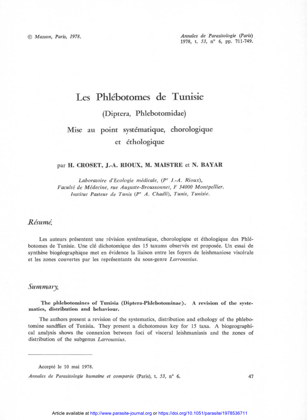 Les Phlébotomes De Tunisie (Diptera, Phlebotomidae)