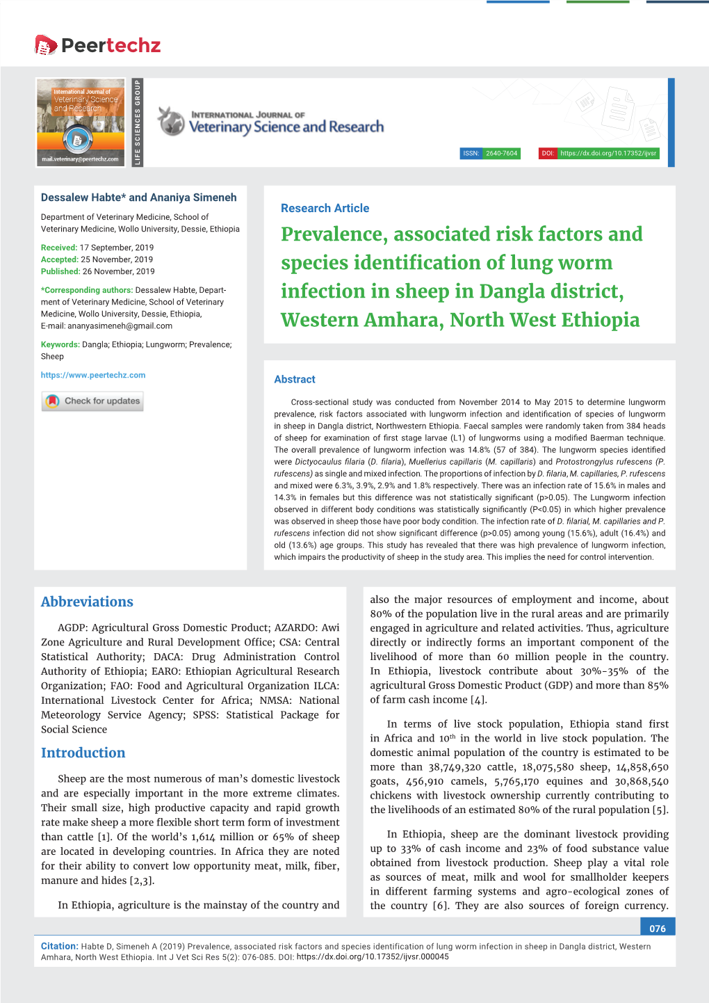 Prevalence, Associated Risk Factors and Species Identification of Lung Worm Infection in Sheep in Dangla District, Western Amhara, North West Ethiopia