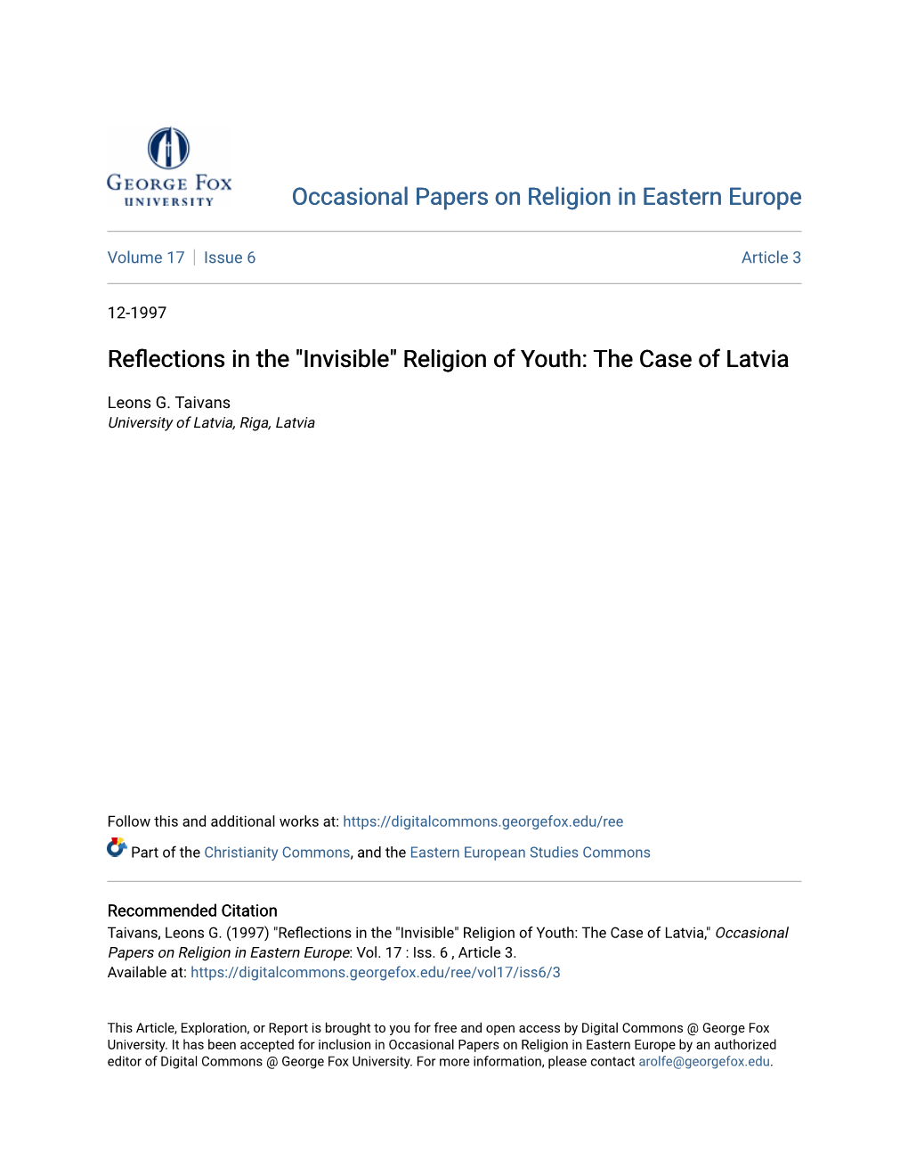 Reflections in the "Invisible" Religion of Youth: the Case of Latvia