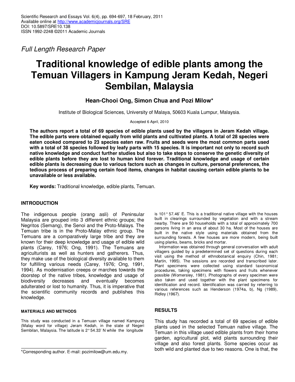 Traditional Knowledge of Edible Plants Among the Temuan Villagers in Kampung Jeram Kedah, Negeri Sembilan, Malaysia