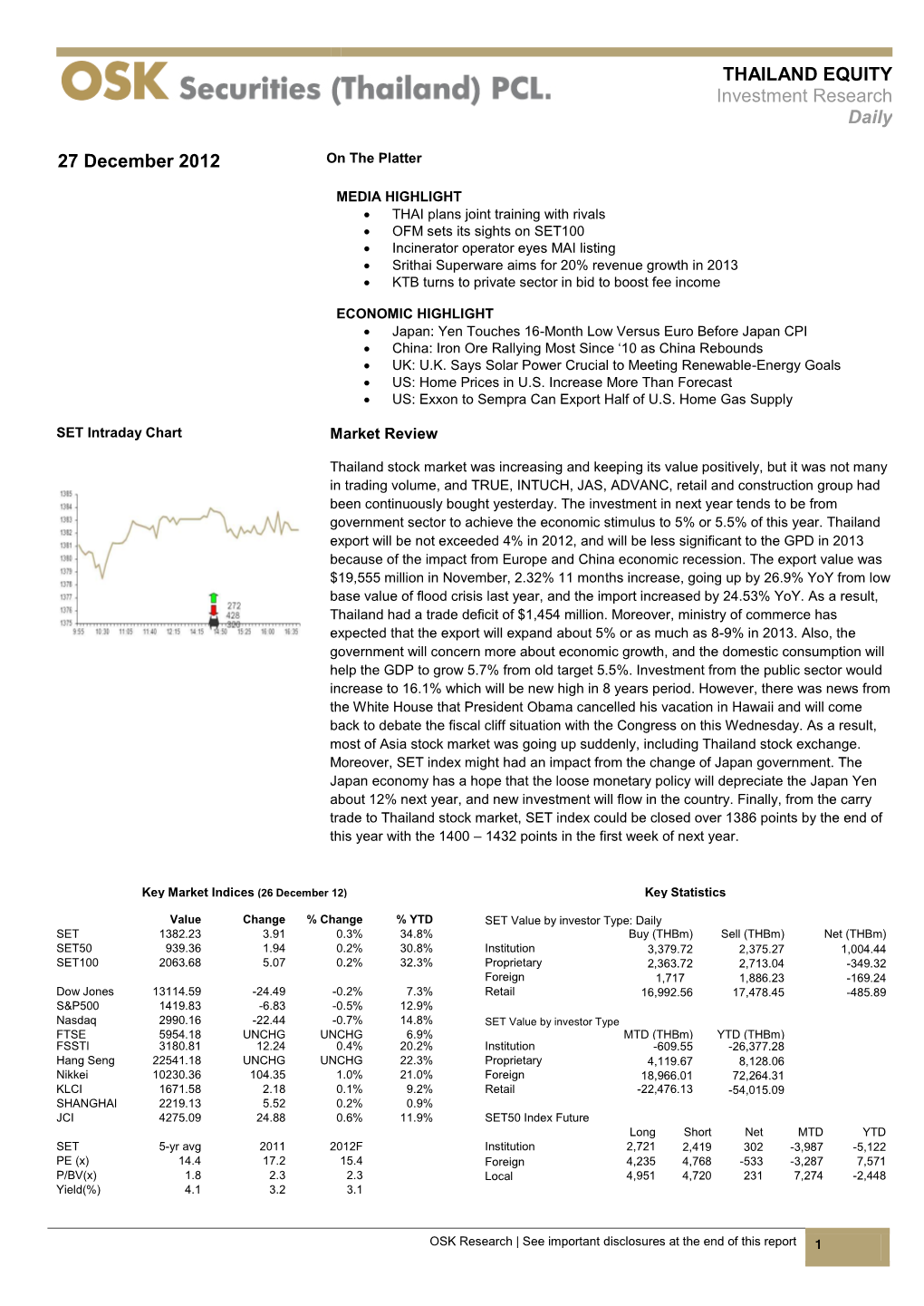 THAILAND EQUITY Investment Research Daily 27 December 2012