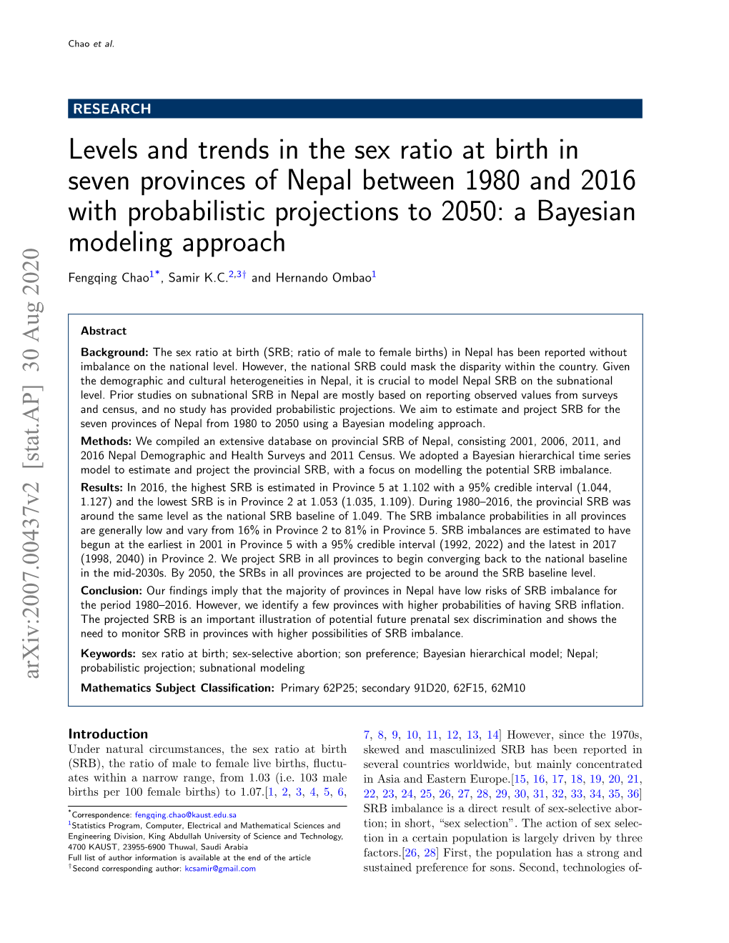 Levels and Trends in the Sex Ratio at Birth in Seven Provinces of Nepal Between 1980 and 2016 with Probabilistic Projections to 2050: a Bayesian Modeling Approach