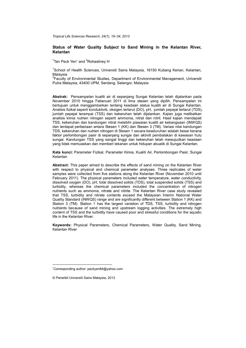 Status of Water Quality Subject to Sand Mining in the Kelantan River, Kelantan