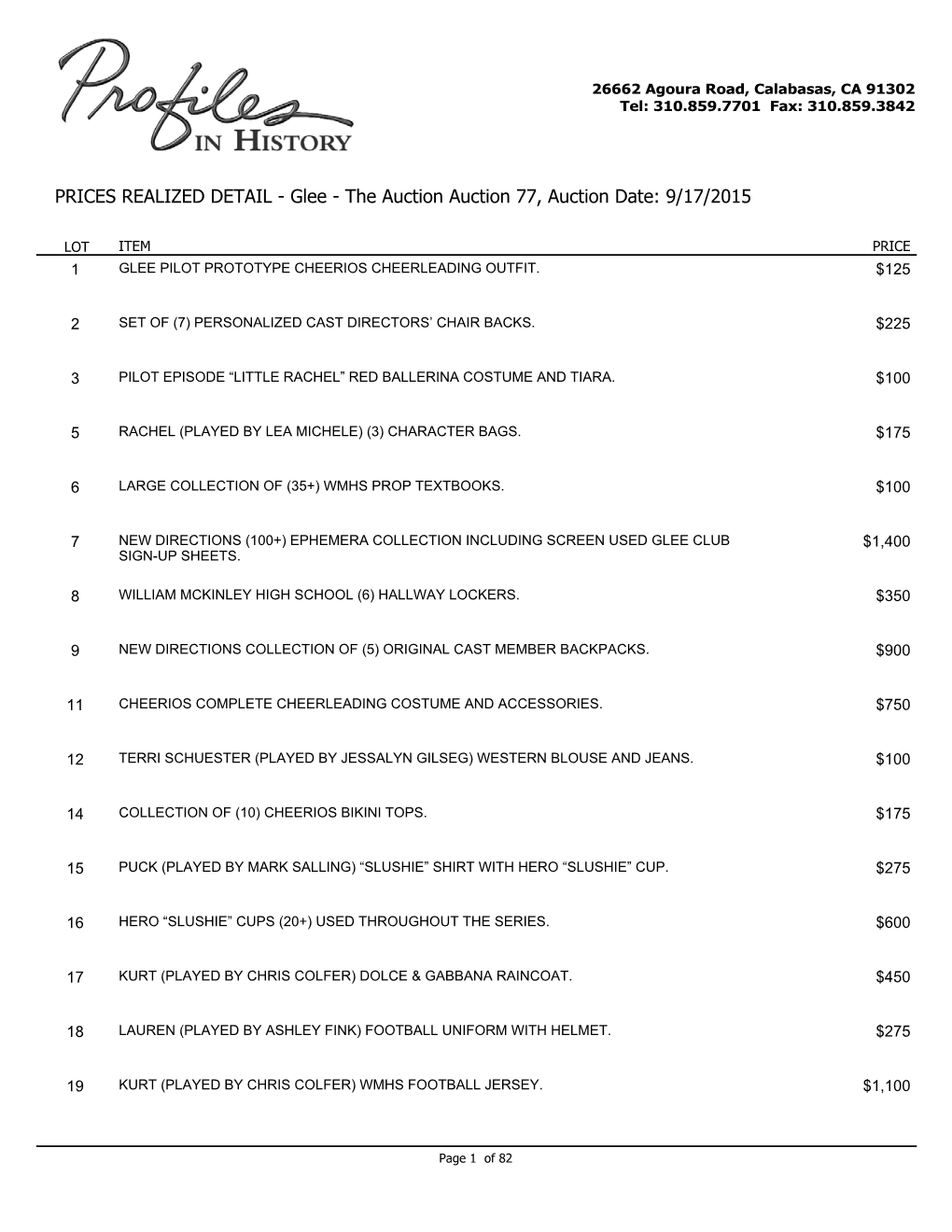 PRICES REALIZED DETAIL - Glee - the Auction Auction 77, Auction Date: 9/17/2015