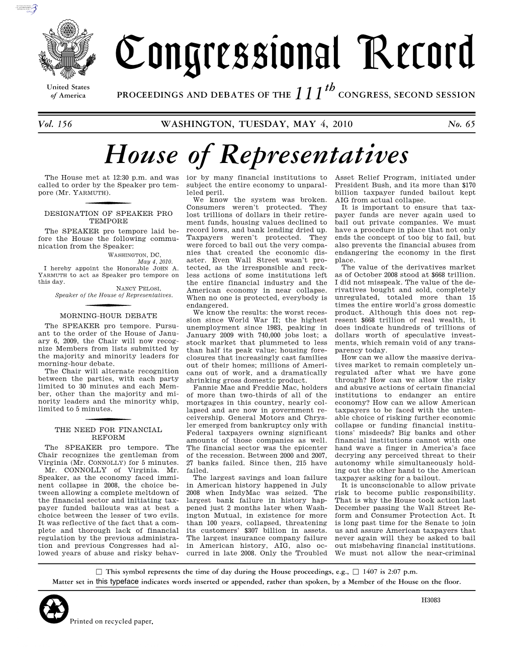 Congressional Record United States Th of America PROCEEDINGS and DEBATES of the 111 CONGRESS, SECOND SESSION