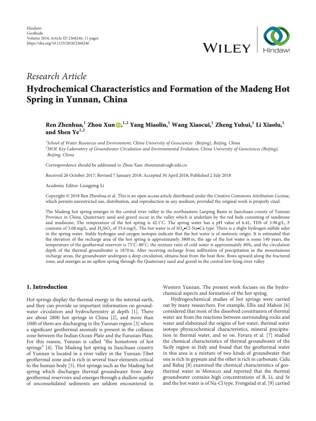 Hydrochemical Characteristics and Formation of the Madeng Hot Spring in Yunnan, China