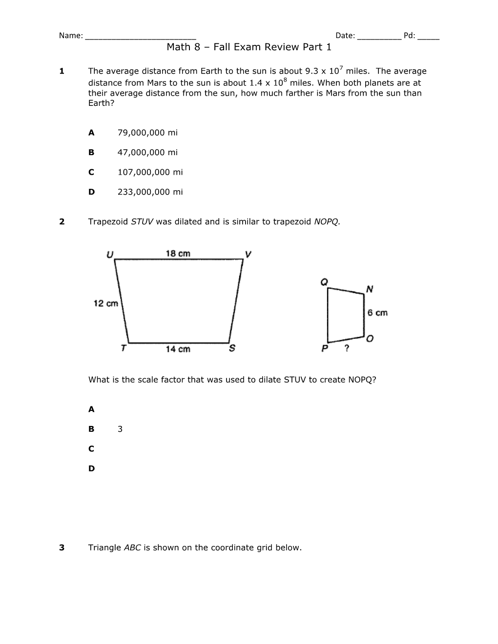 Math 8 Fall Exam Review Part 1