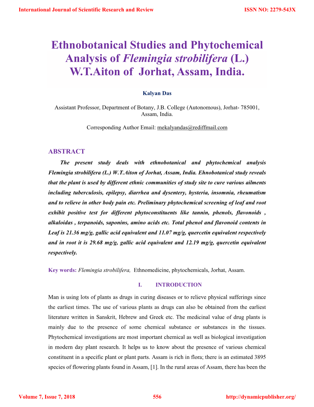 Ethnobotanical Studies and Phytochemical Analysis of Flemingia Strobilifera (L.) W.T.Aiton of Jorhat, Assam, India