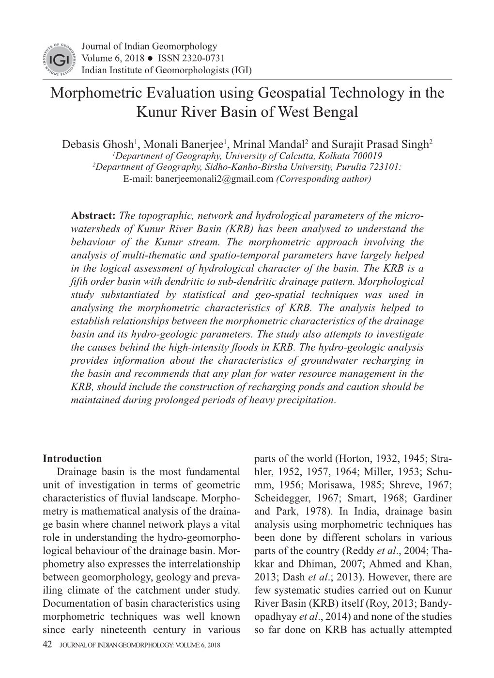 Morphometric Evaluation Using Geospatial Technology in the Kunur River Basin of West Bengal