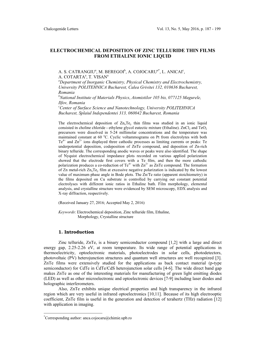 Electrochemical Deposition of Zinc Telluride Thin Films from Ethaline Ionic Liquid