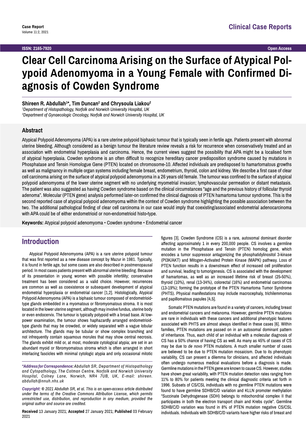 Clear Cell Carcinoma Arising on the Surface of Atypical Polypoid Adenomyoma in a 26 Years Old Female