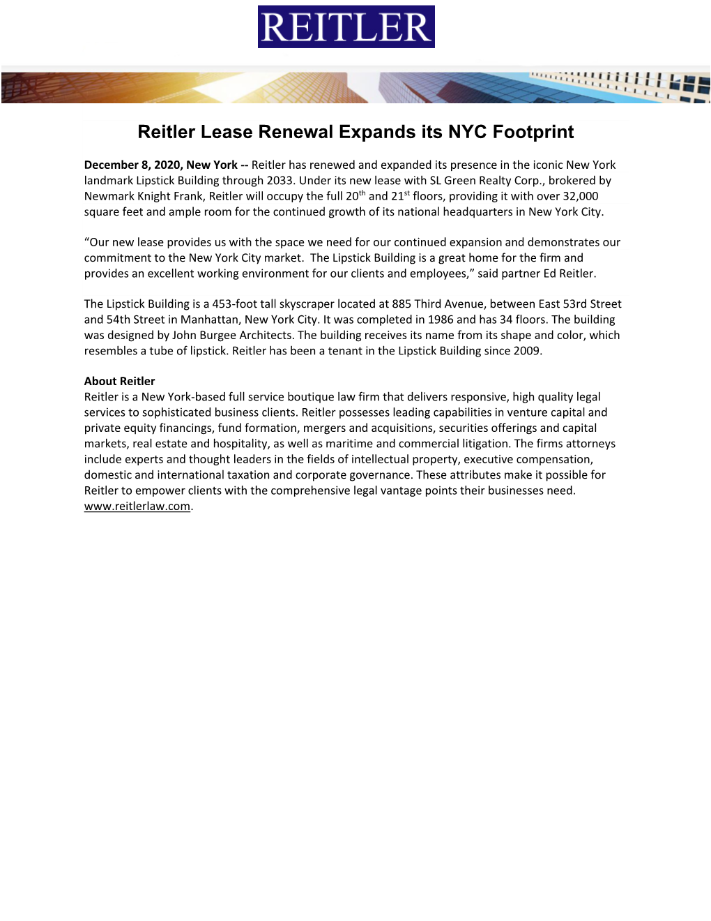 Reitler Lease Renewal Expands Its NYC Footprint