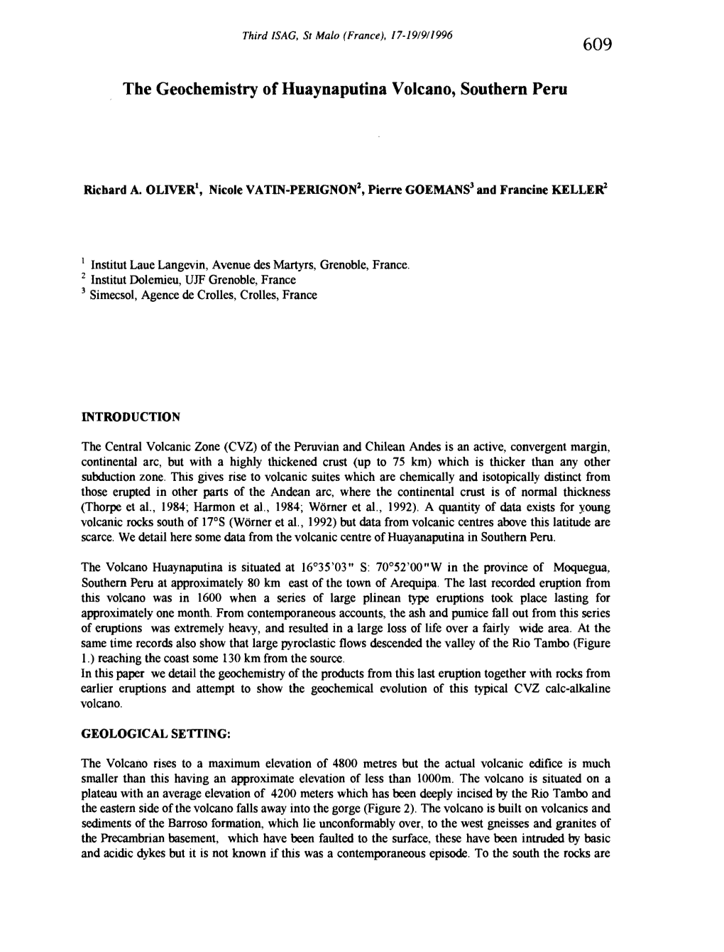 The Geochemistry of Huaynaputina Volcano, Southern Peru