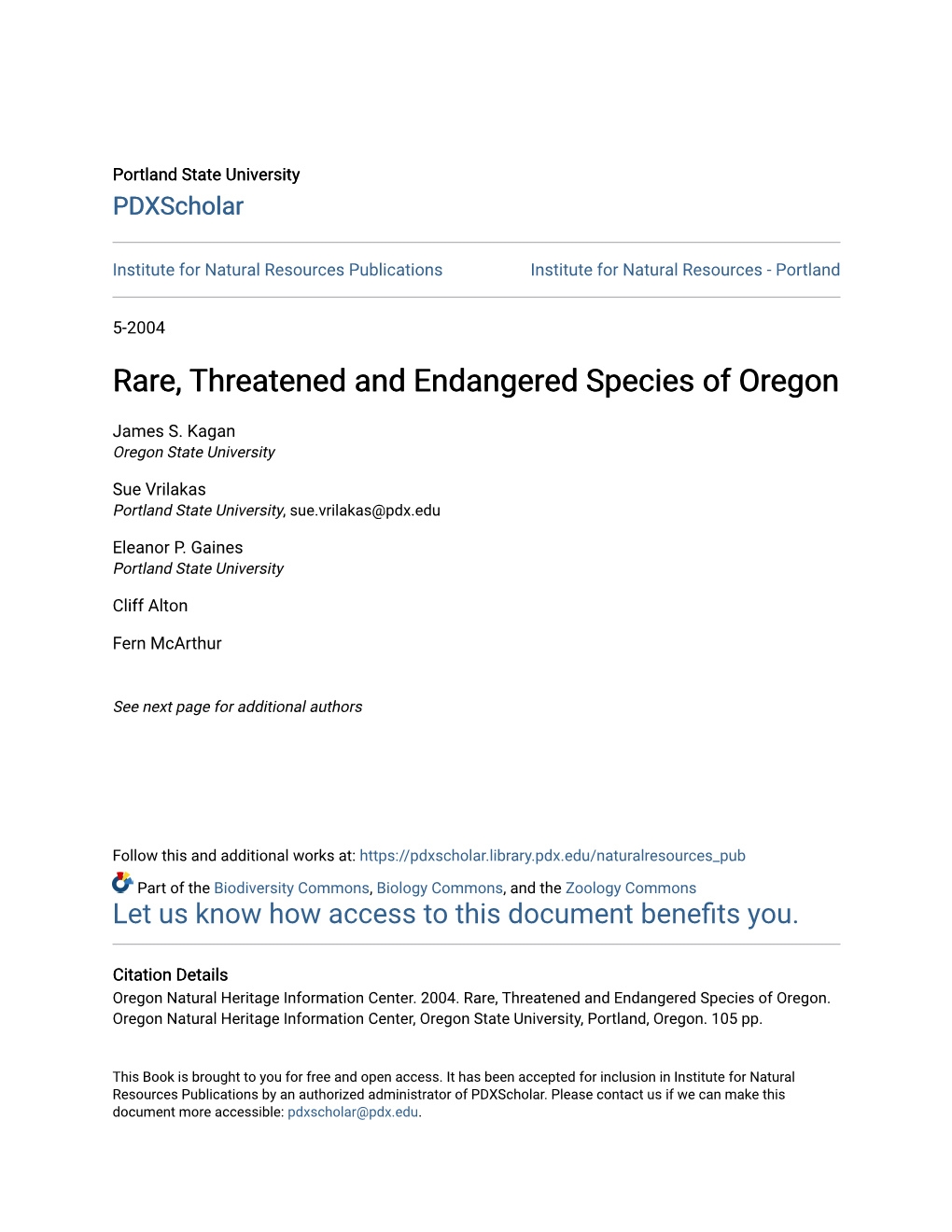 Rare, Threatened and Endangered Species of Oregon