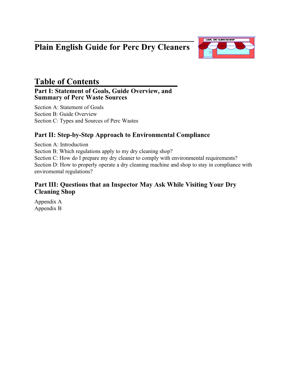 Plain English Guide for Perc Dry Cleaners. Table of Contents