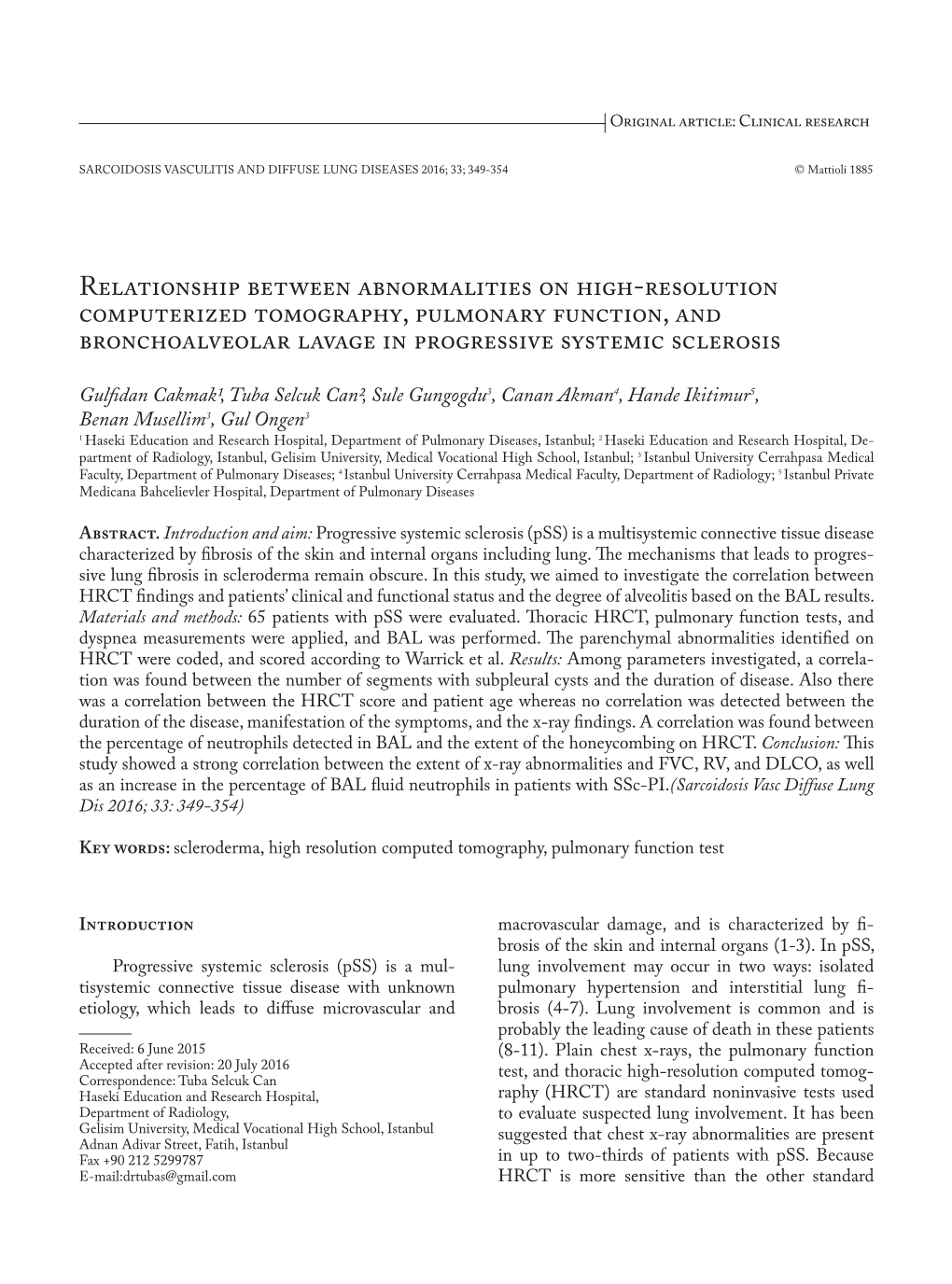 Relationship Between Abnormalities on High-Resolution Computerized Tomography, Pulmonary Function, and Bronchoalveolar Lavage in Progressive Systemic Sclerosis