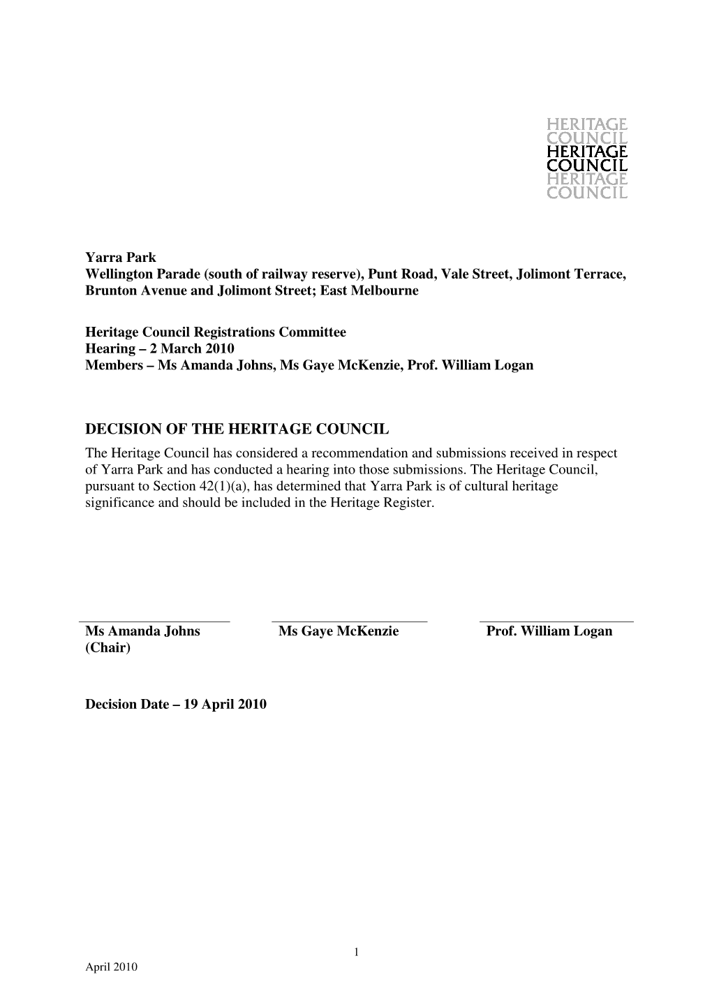 Decision of the Heritage Council