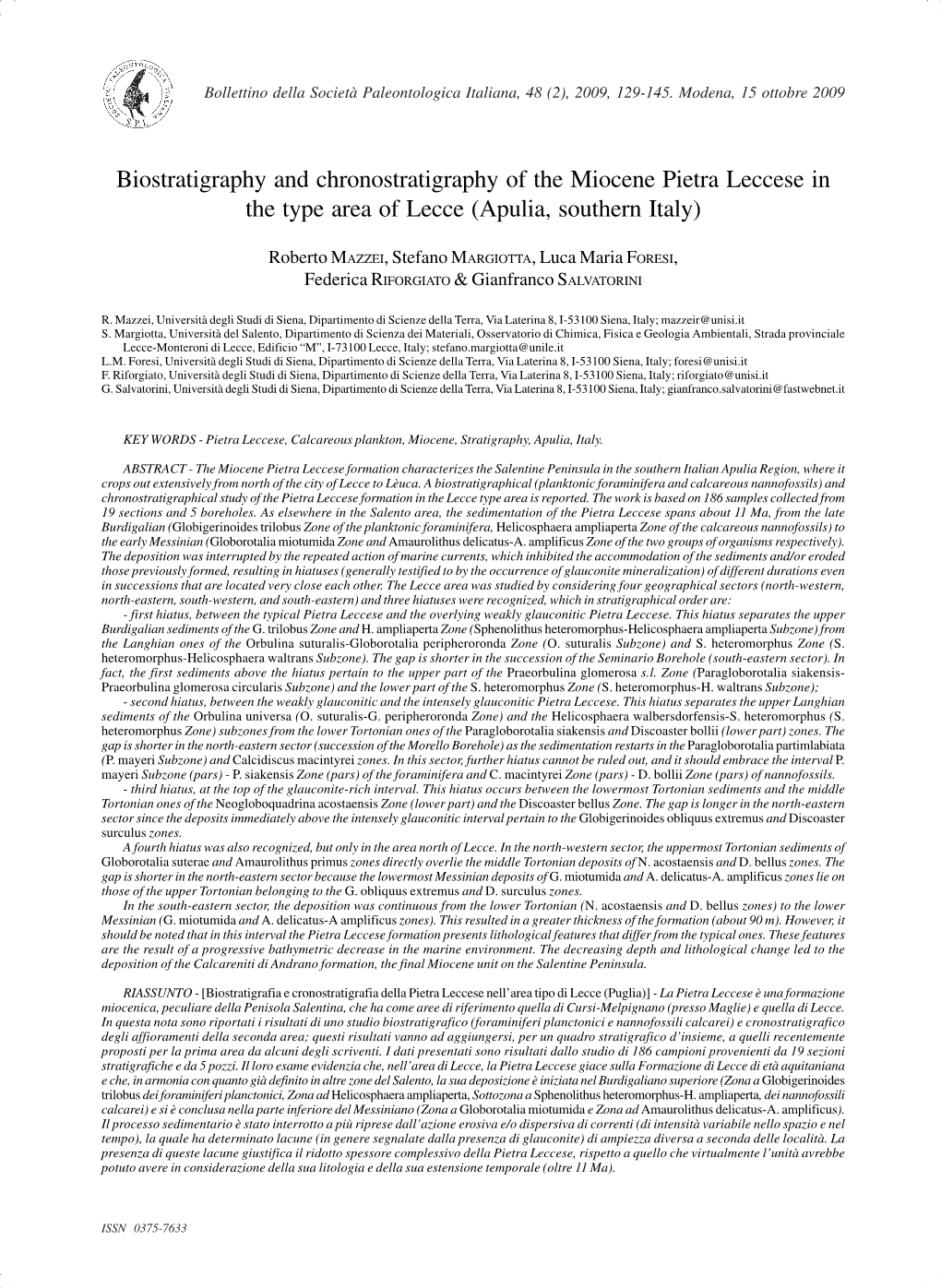 Biostratigraphy and Chronostratigraphy of the Miocene Pietra Leccese in the Type Area of Lecce (Apulia, Southern Italy)