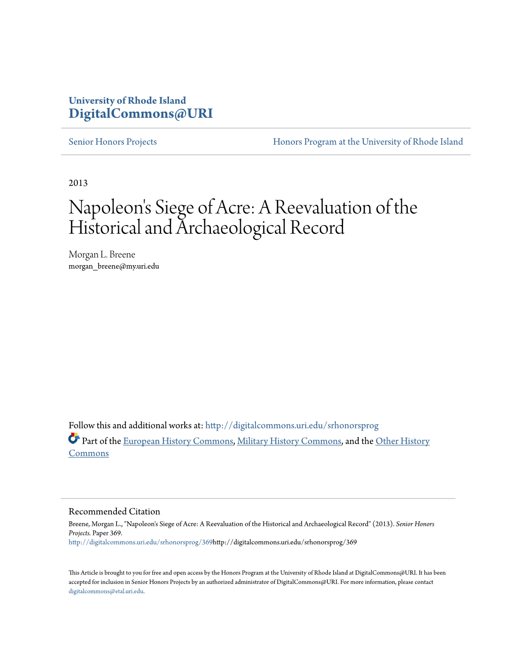 Napoleon's Siege of Acre: a Reevaluation of the Historical and Archaeological Record Morgan L