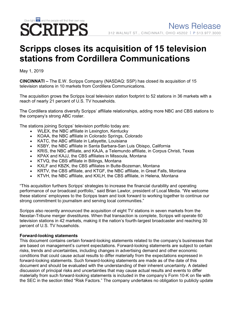 Scripps Closes Its Acquisition of 15 Television Stations from Cordillera Communications