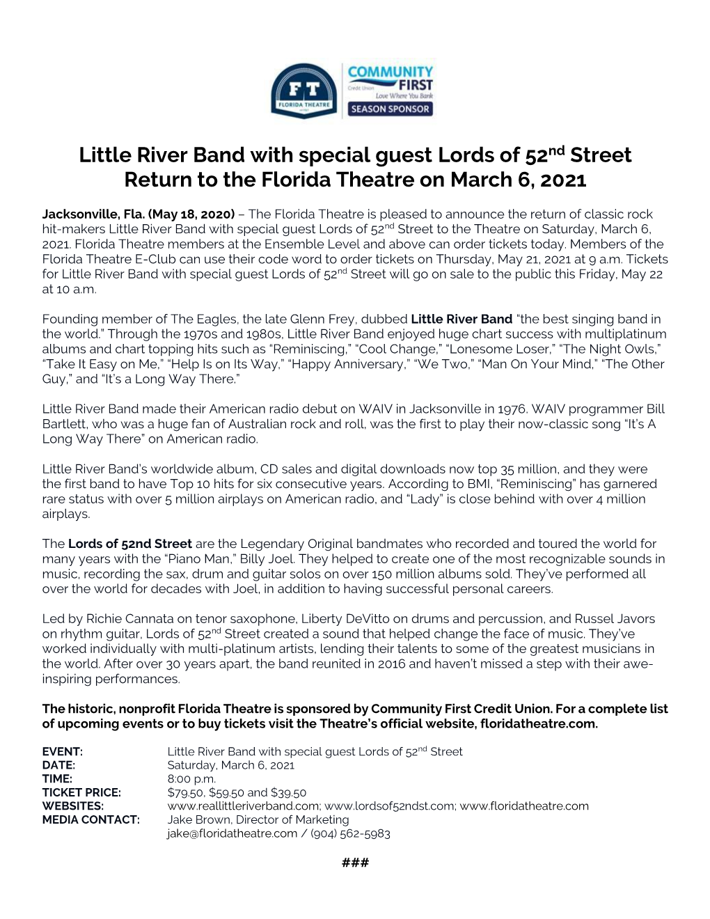 Little River Band with Special Guest Lords of 52Nd Street Return to the Florida Theatre on March 6, 2021