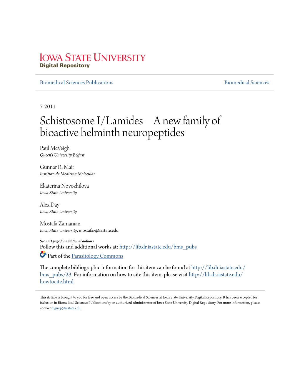 Schistosome I/Lamides Â•Fi a New Family of Bioactive Helminth