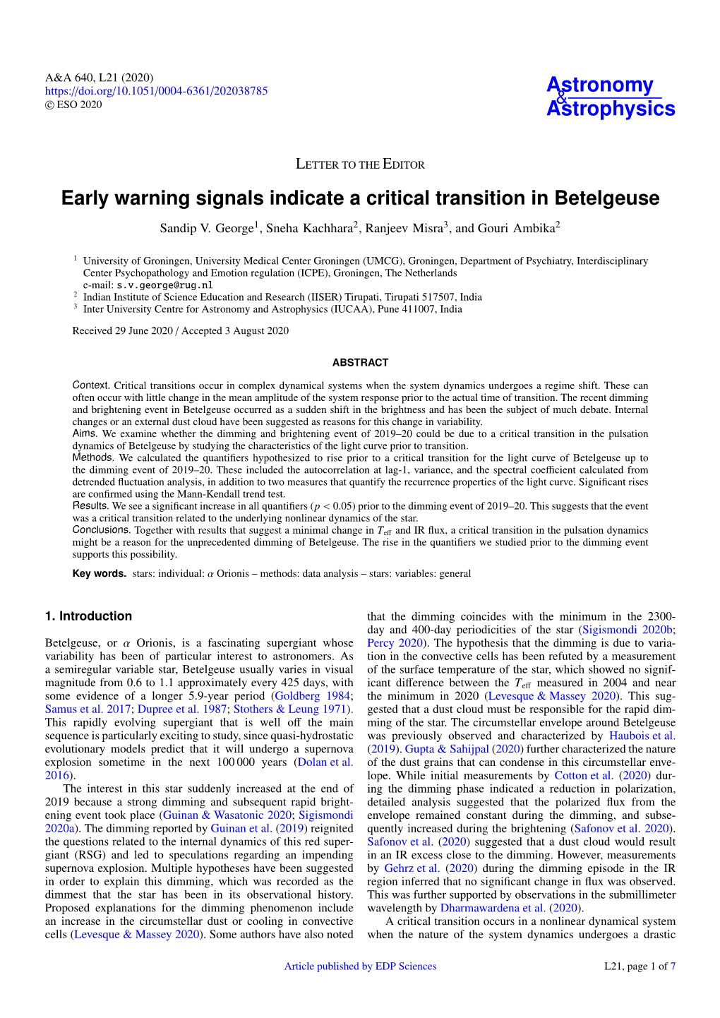 Early Warning Signals Indicate a Critical Transition in Betelgeuse Sandip V