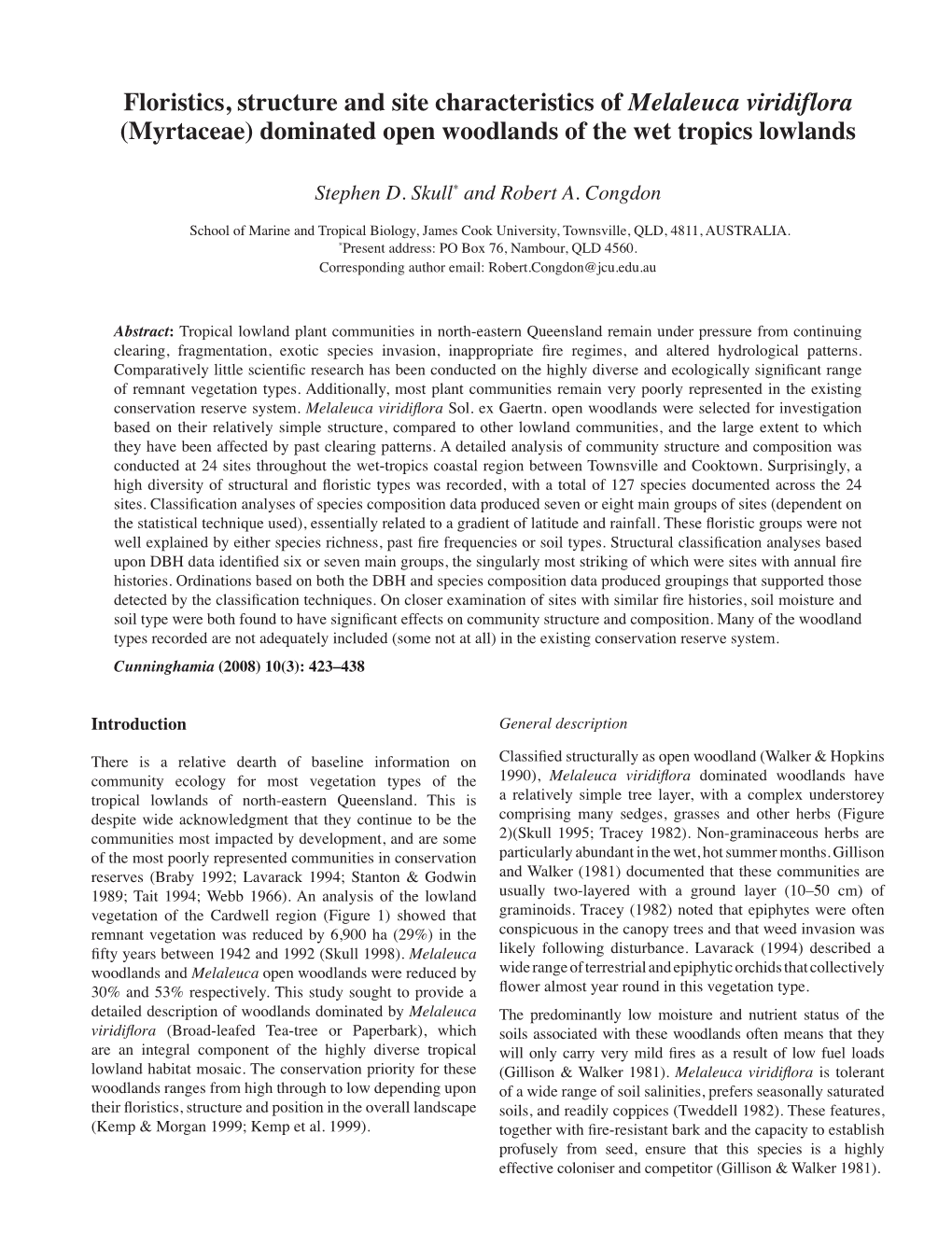 Floristics, Structure and Site Characteristics of Melaleuca Viridiflora (Myrtaceae) Dominated Open Woodlands of the Wet Tropics Lowlands