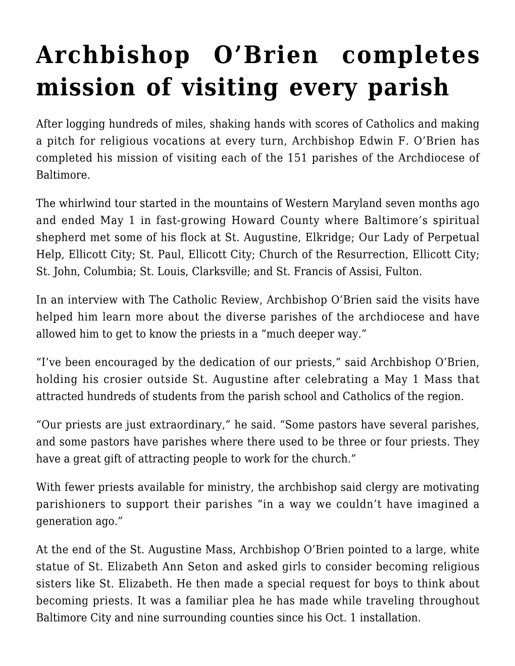 Archbishop O'brien Completes Mission of Visiting Every Parish