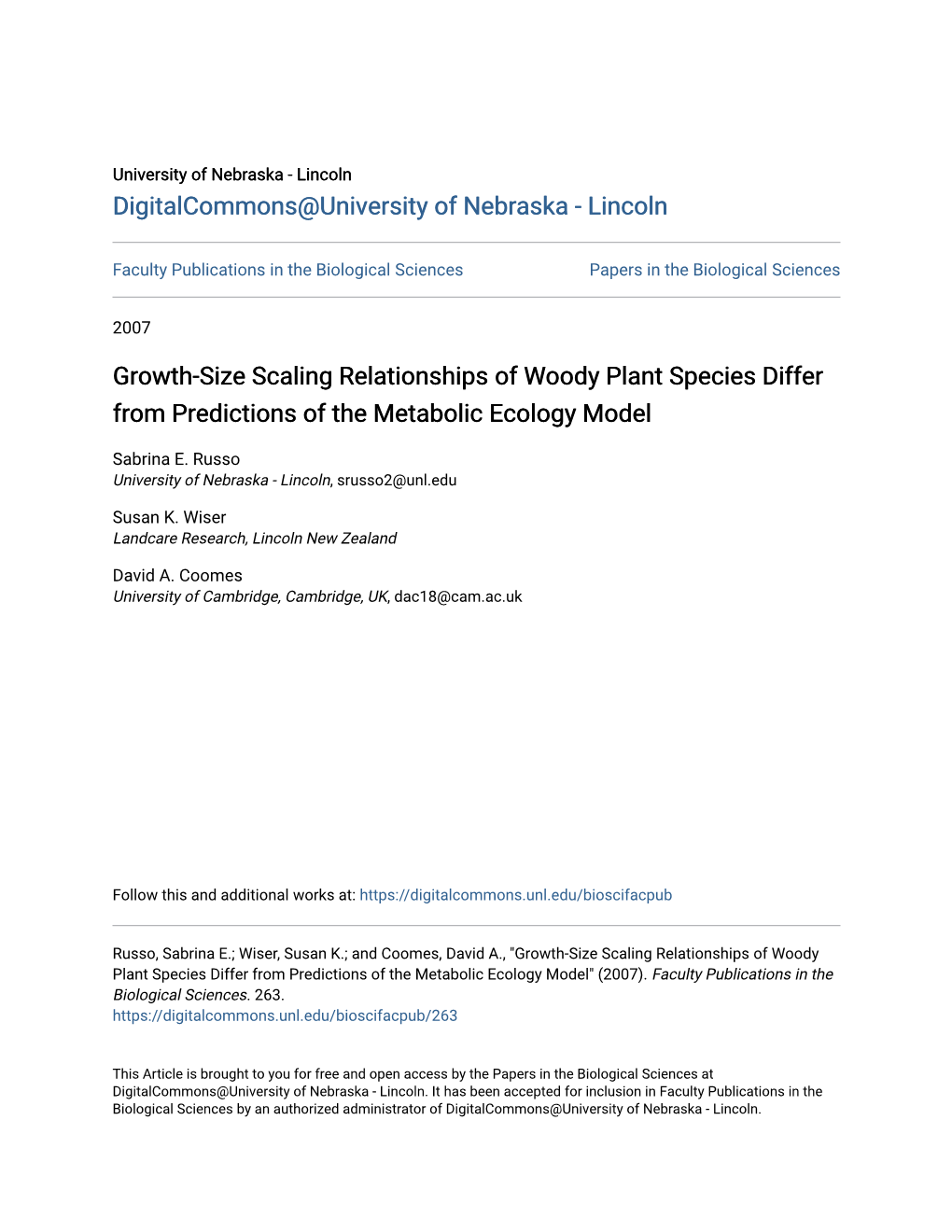 Growth-Size Scaling Relationships of Woody Plant Species Differ from Predictions of the Metabolic Ecology Model