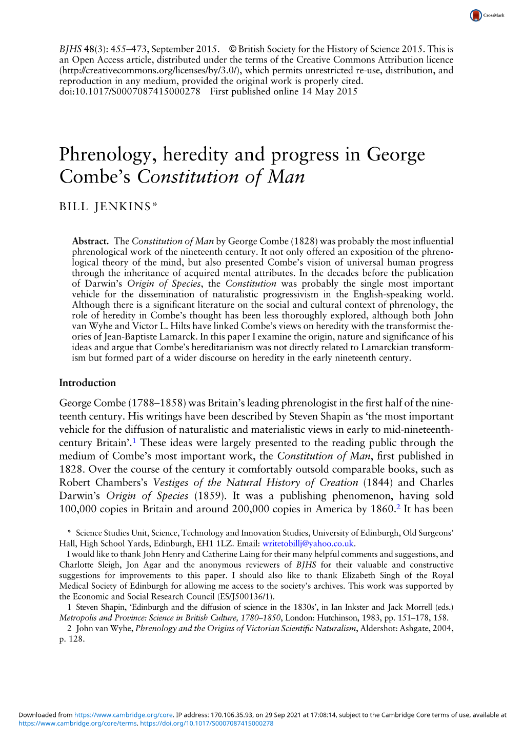 Phrenology, Heredity and Progress in George Combe's Constitution Of