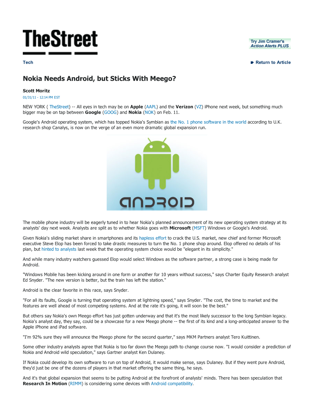 Nokia Needs Android, but Sticks with Meego?