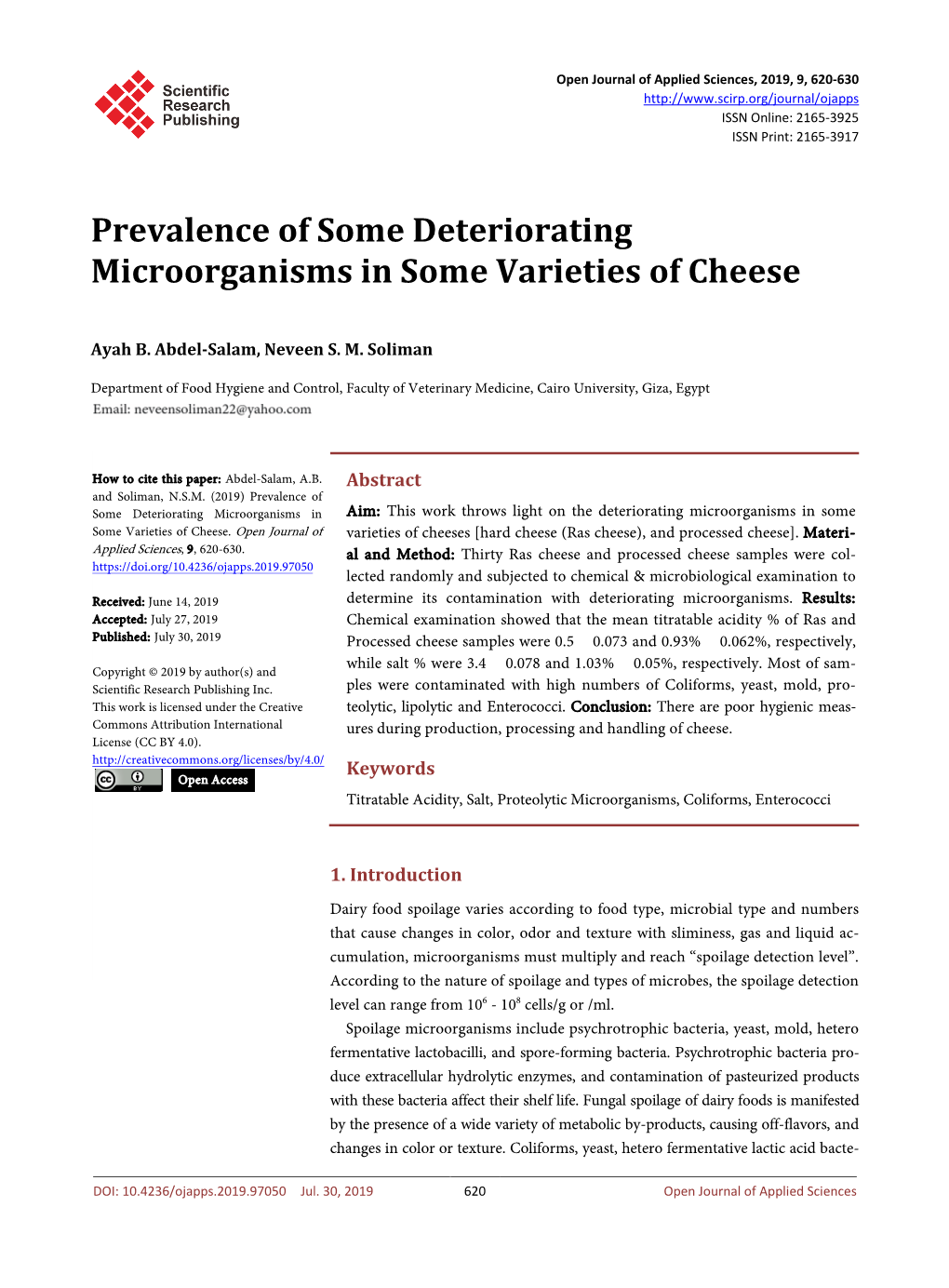 Prevalence of Some Deteriorating Microorganisms in Some Varieties of Cheese