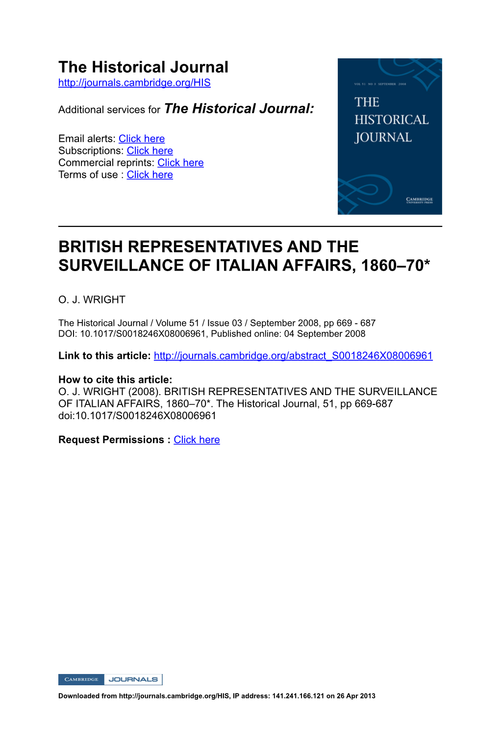 The Historical Journal BRITISH REPRESENTATIVES and THE