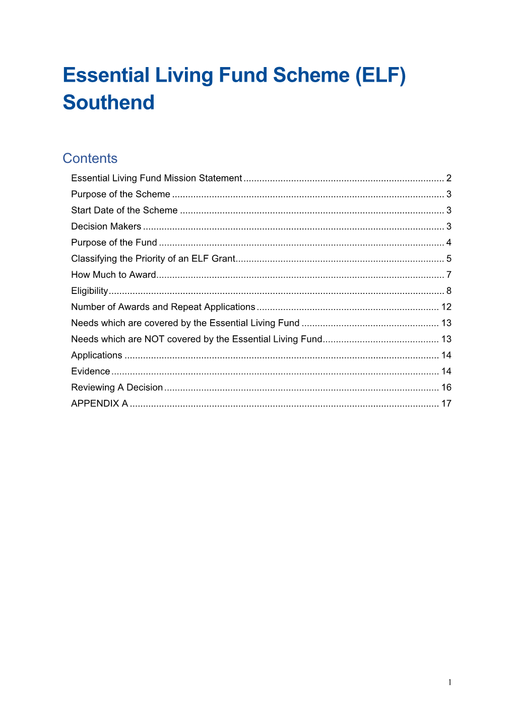 Essential Living Fund Scheme (ELF) Southend