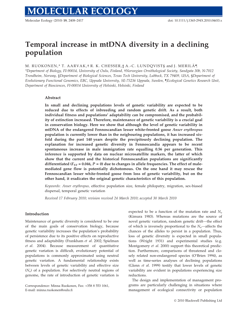 Temporal Increase in Mtdna Diversity in a Declining Population