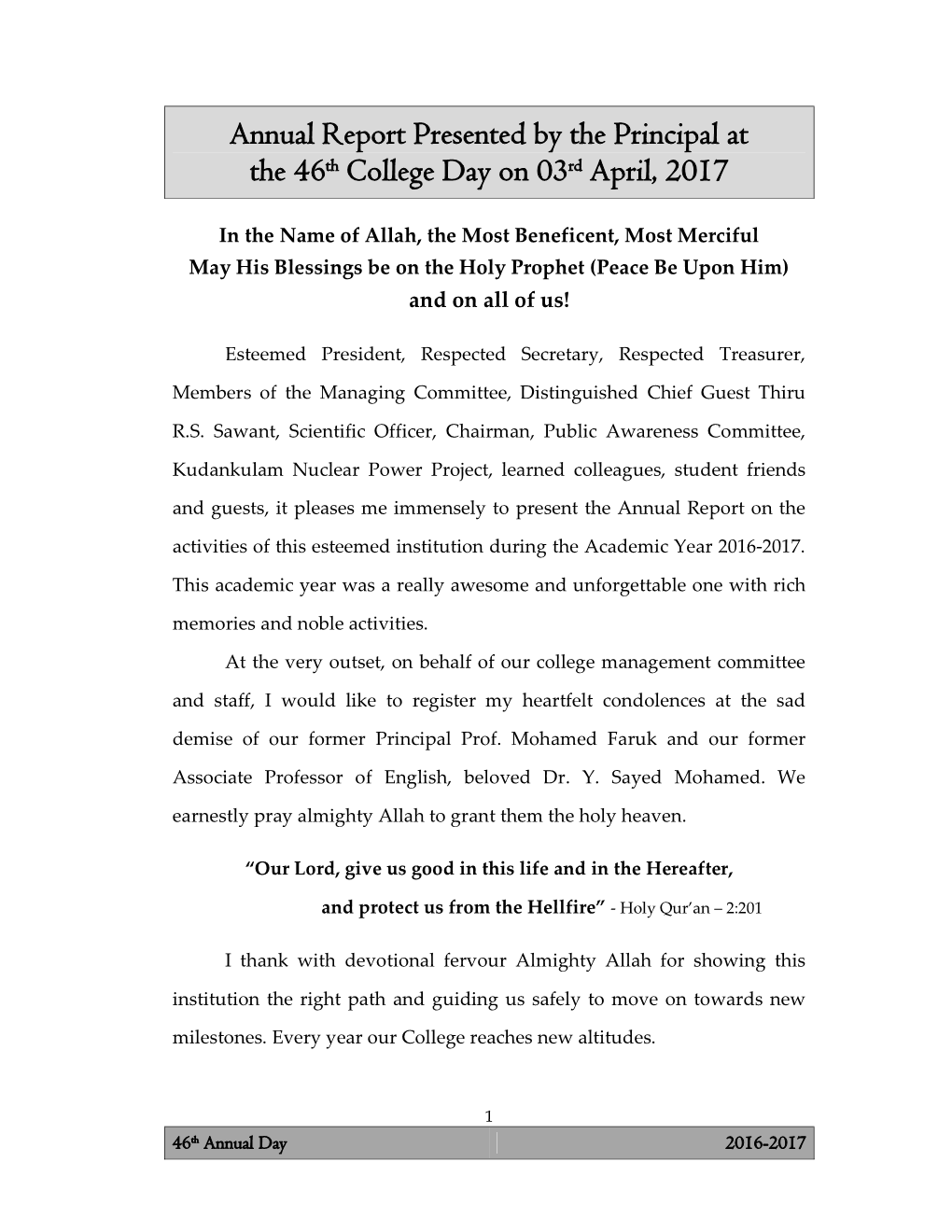 Annual Report Presented by the Principal at the 46Th College Day on 03Rd April, 2017