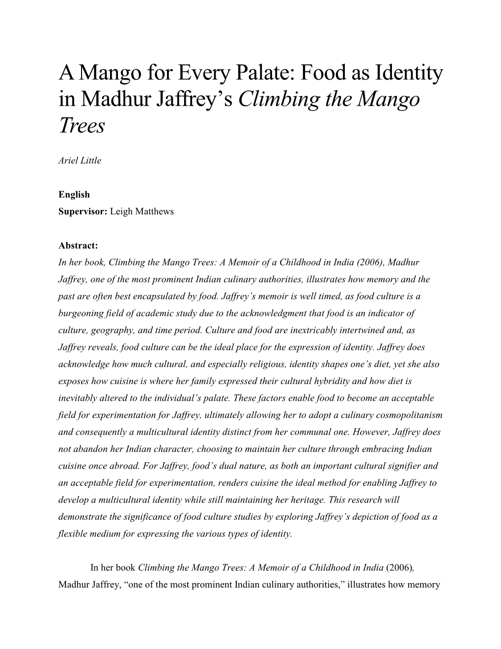 Food As Identity in Madhur Jaffrey's Climbing the Mango Trees