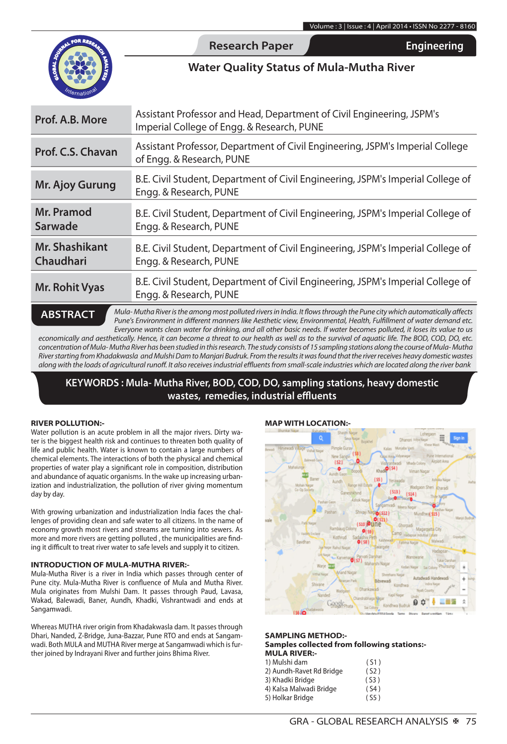 Research Paper Engineering Water Quality Status of Mula-Mutha River