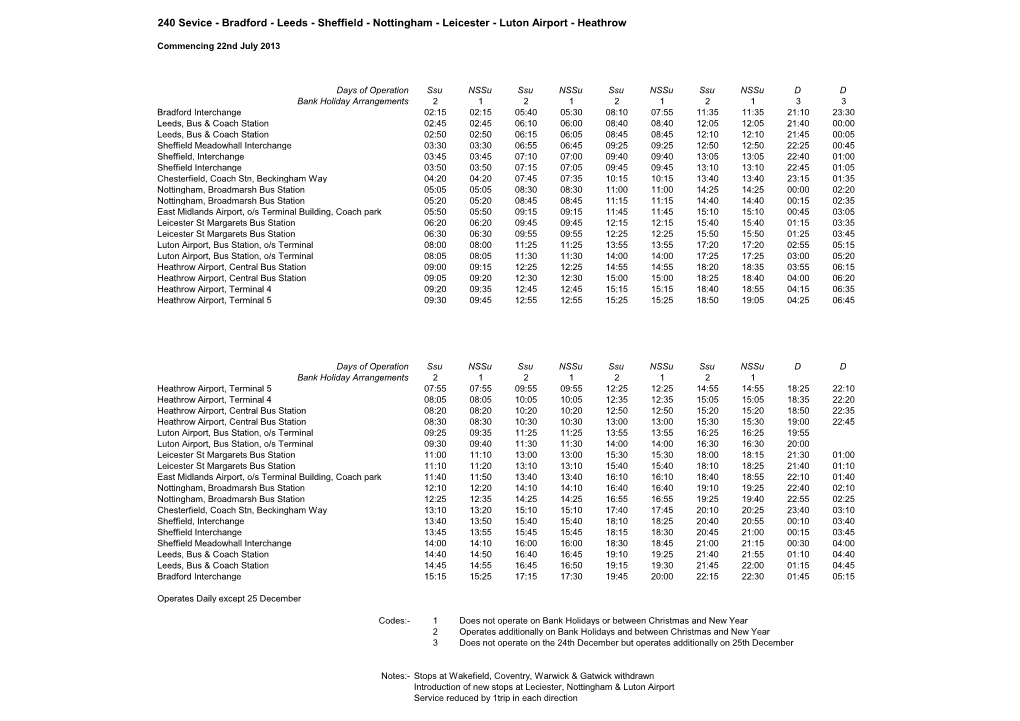 240 Sevice - Bradford - Leeds - Sheffield - Nottingham - Leicester - Luton Airport - Heathrow