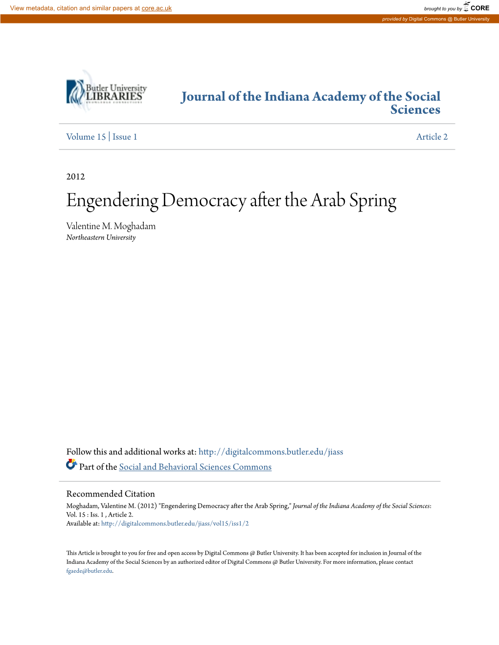 Engendering Democracy After the Arab Spring Valentine M