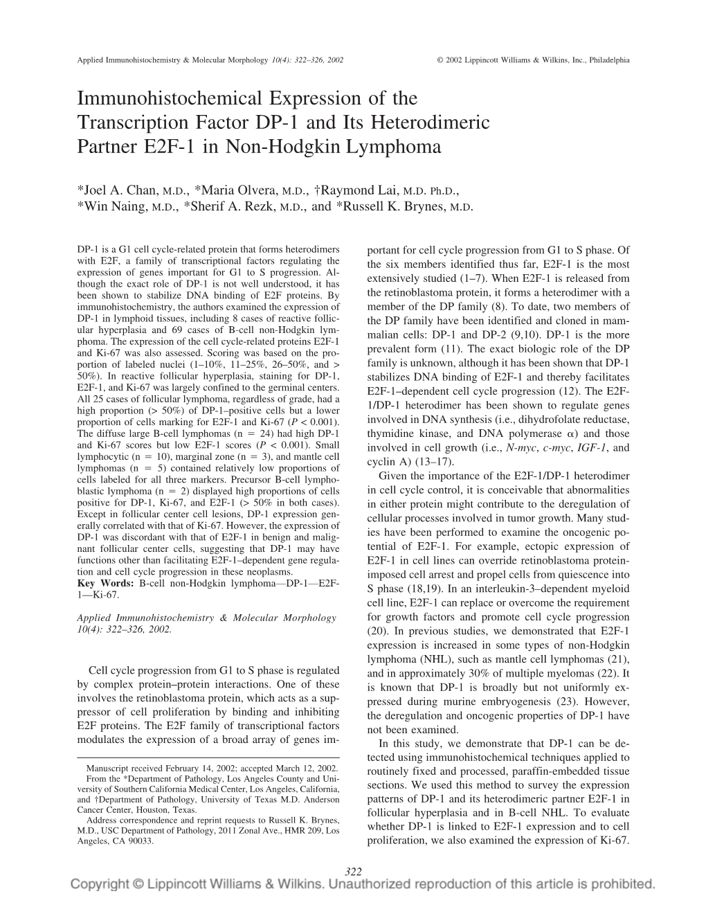 Immunohistochemical Expression of the Transcription Factor DP-1 and Its Heterodimeric Partner E2F-1 in Non-Hodgkin Lymphoma