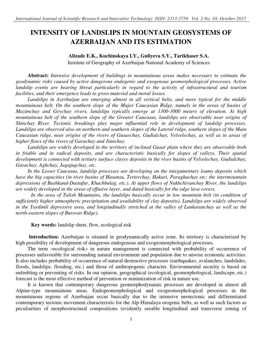 Intensity of Landslips in Mountain Geosystems of Azerbaijan and Its Estimation