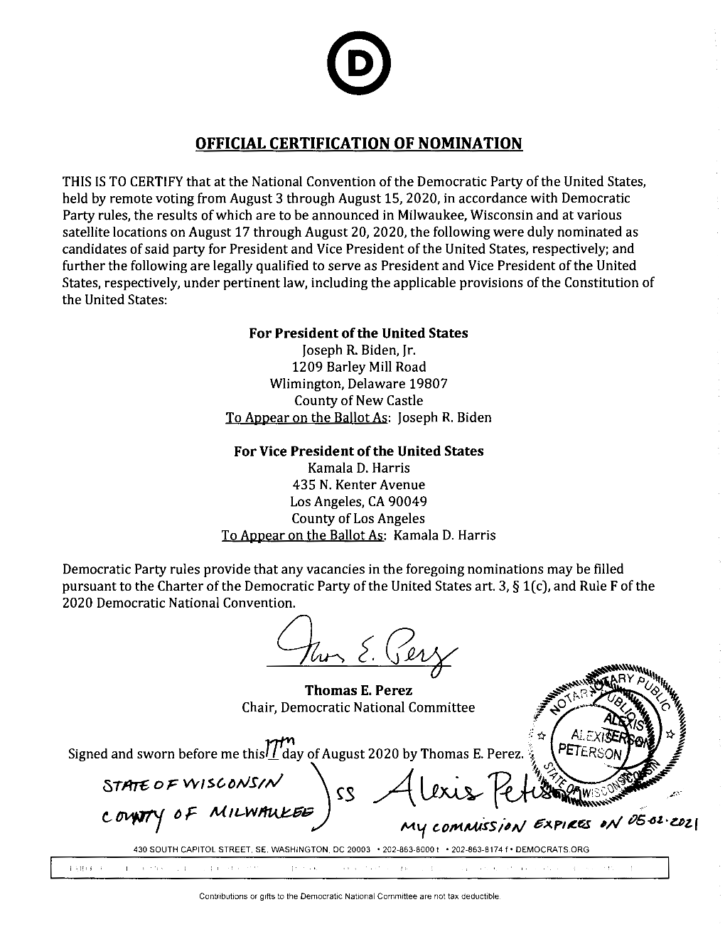 Official Certification of Nomination