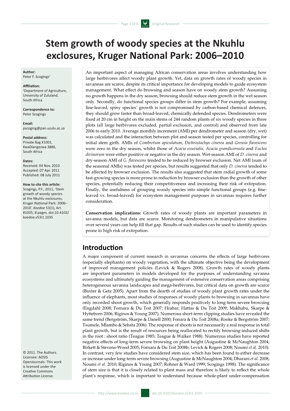 Stem Growth of Woody Species at the Nkuhlu Exclosures, Kruger National Park: 2006–2010