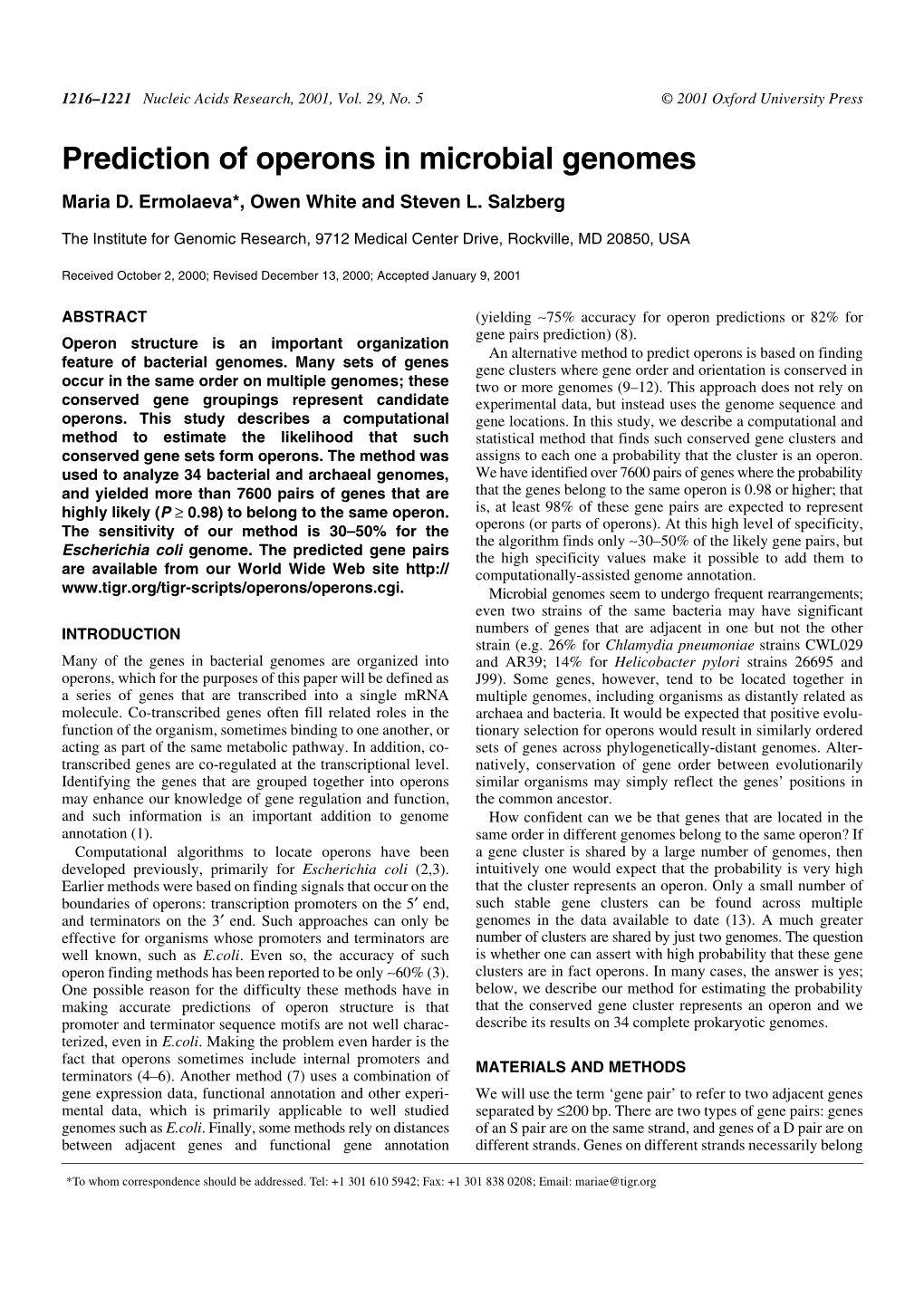 Prediction of Operons in Microbial Genomes Maria D