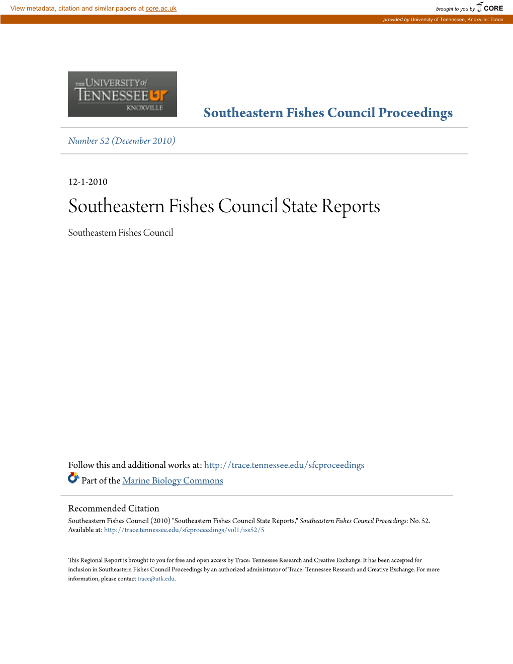 Southeastern Fishes Council State Reports Southeastern Fishes Council