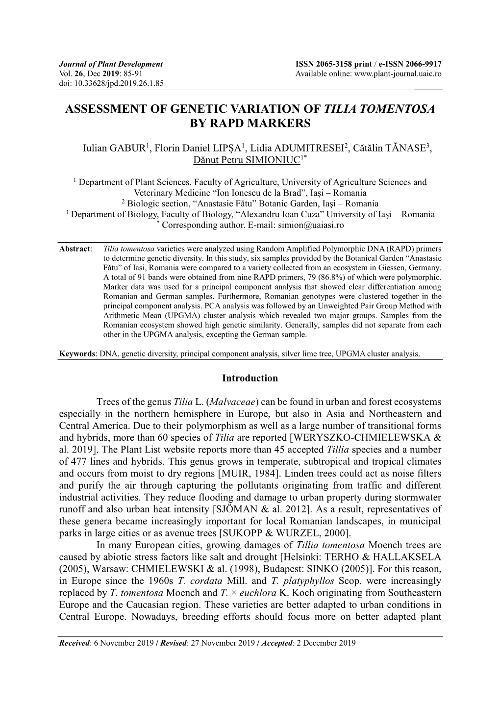 Assessment of Genetic Variation of Tilia Tomentosa by Rapd Markers